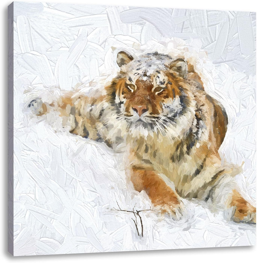 Pixxprint Amur Tiger im Schnee als Leinwandbild | Grösse: 70x70 cm | Wandbild | Kunstdruck | fertig