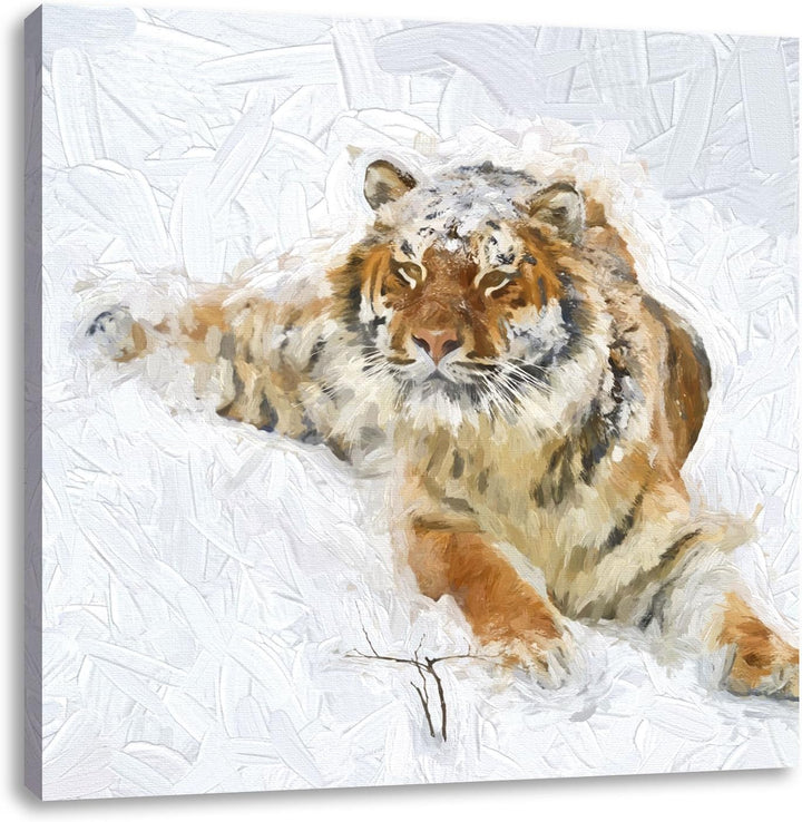Pixxprint Amur Tiger im Schnee als Leinwandbild | Grösse: 70x70 cm | Wandbild | Kunstdruck | fertig