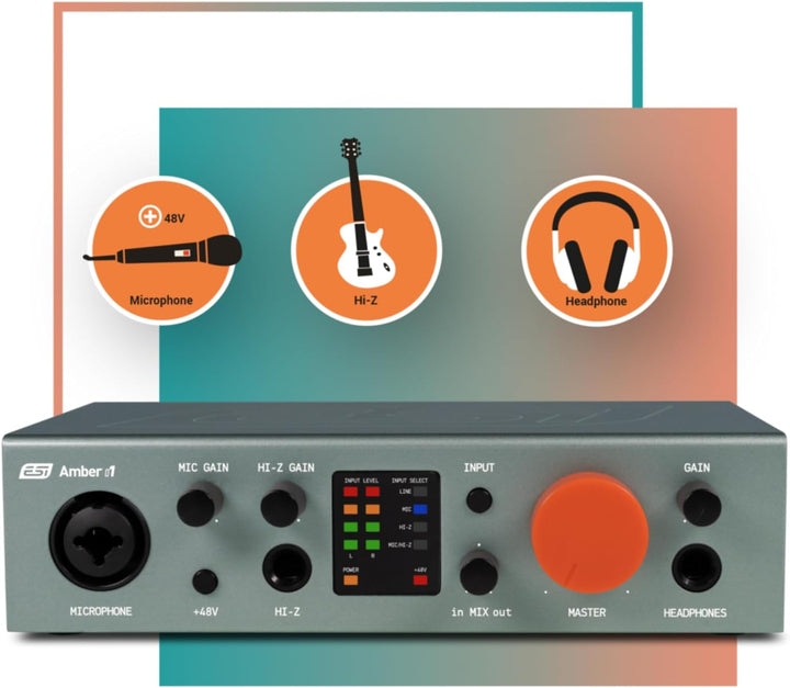 ESI Amber i1 | Professionelles 24-bit / 192 kHz USB Audio Interface mit 2 Eingängen und 2 Ausgängen