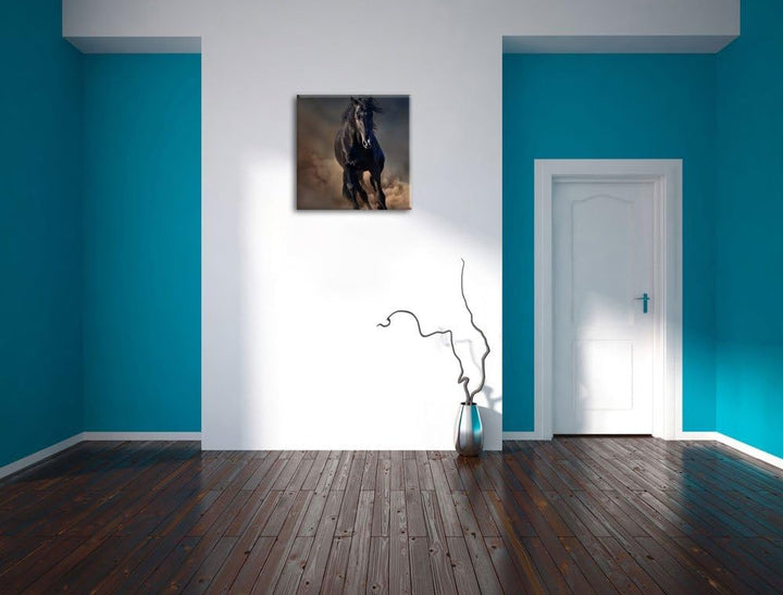 Elegantes schwarzes Pferd, Format: 70x70 auf Leinwand, XXL riesige Bilder fertig gerahmt mit Keilrah