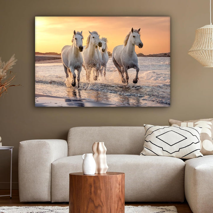 MuchoWow Leinwand Bilder, Einzigartige Wanddeko mit Rahmen, Pferde - Sonne - Meer - Strand - Tiere,