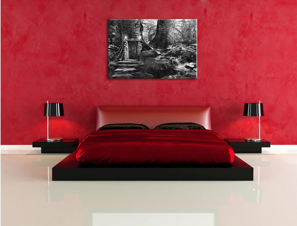 Pixxprint Geheimes Tor im Wald / 100x70cm Leinwandbild bespannt auf Holzrahmen/Wandbild Kunstdruck D