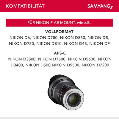 Samyang 7460 20/1,8 Objektiv DSLR Nikon F AE manueller Fokus automatischer Blendenring,Fotoobjektiv,