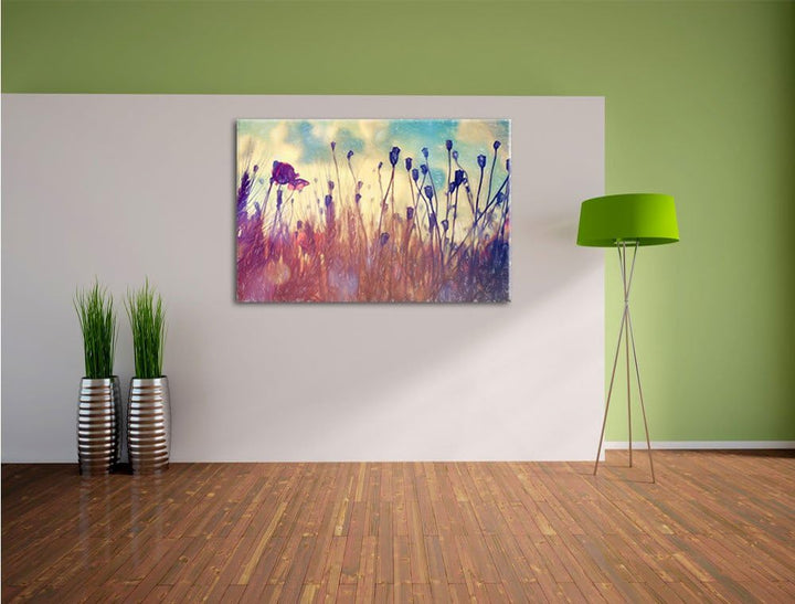 Pixxprint Mohn im Weizenfeld Kunst Buntstift Effekt, Format: 100x70 auf Leinwand, 100x70