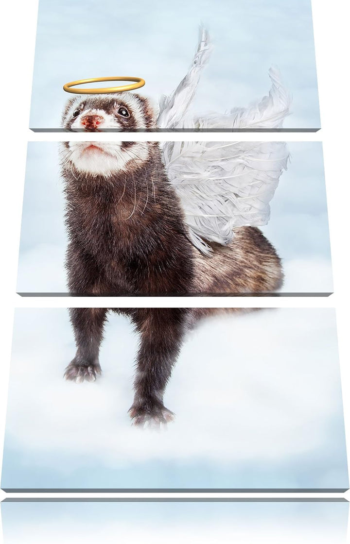 Pixxprint Süsses Frettchen im Engelsköstum / 3-Teilig/Gesamtmass 120cm Leinwandbild bespannt auf Hol