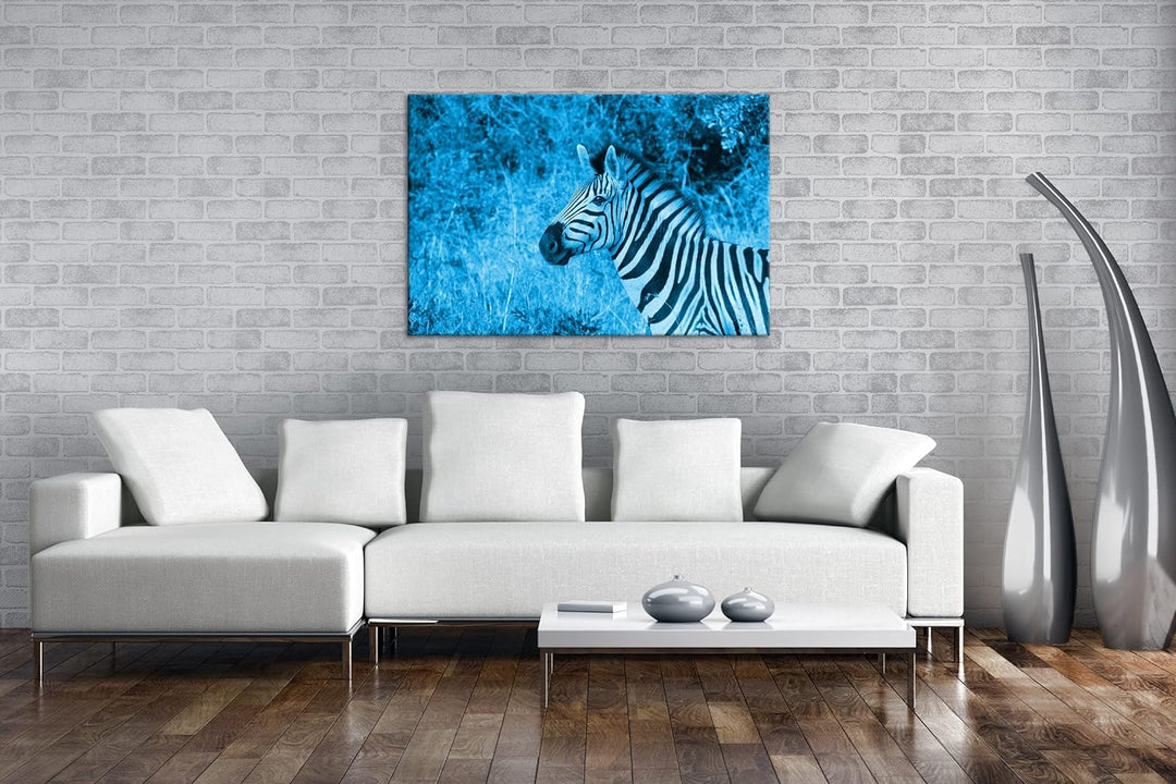 deyoli edles Zebra Format: 100x70 Effekt: Monocrome Blau als Leinwand, Motiv fertig gerahmt auf Echt