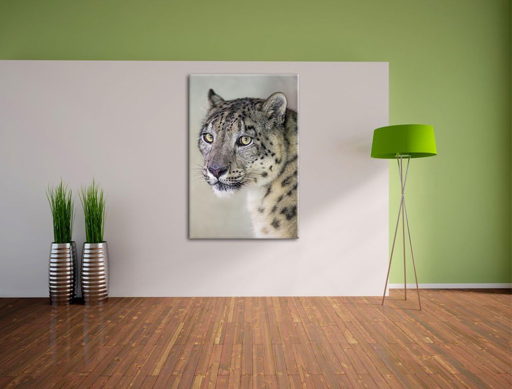 Pixxprint aufmerksamer Schneeleopard auf Leinwand, XXL riesige Bilder fertig gerahmt mit Keilrahmen,