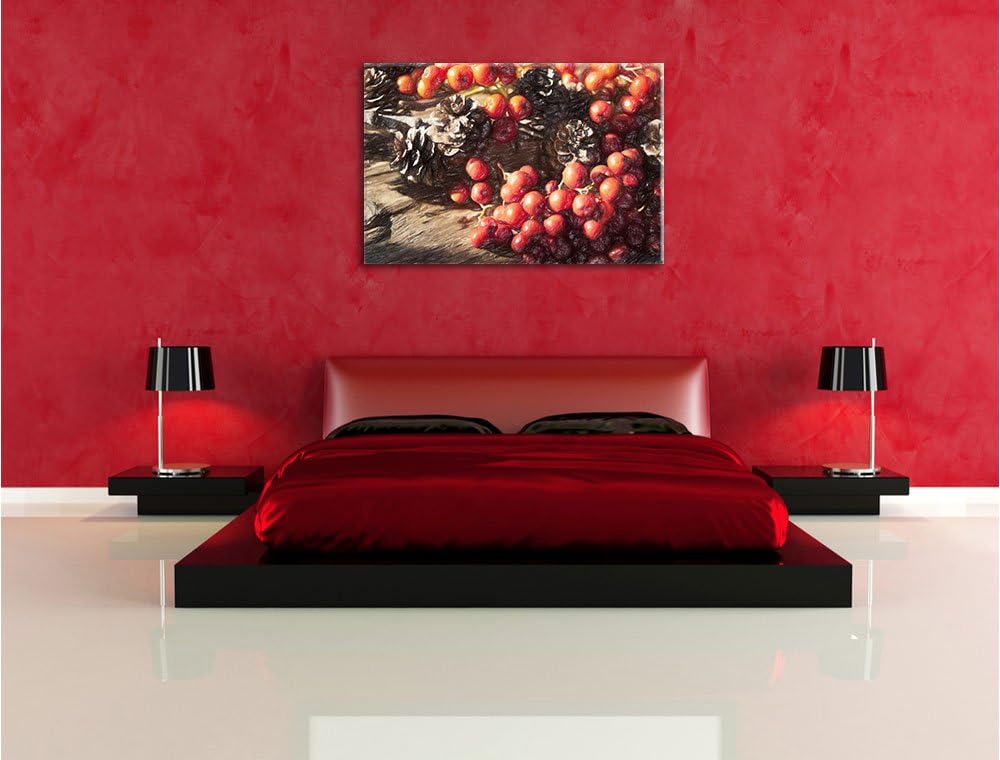 Pixxprint Vogelbeeren und Tannenzapfen als Leinwandbild/Grösse: 100x70 / Wandbild/Kunstdruck/fertig