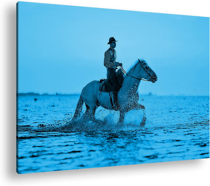 Cowboy reitet auf dem Wasser Format 80x60 Effekt: Monocrome Blau als Leinwandbild, Motiv fertig gera