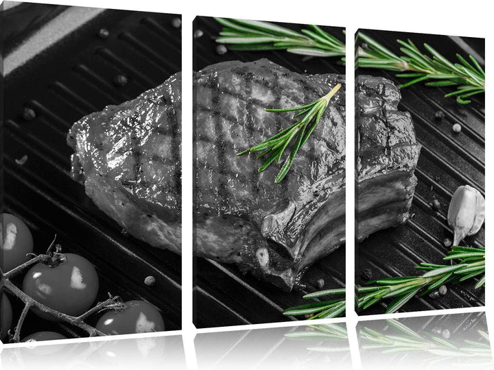 Pixxprint leckeres Rumpsteak auf Grill als Leinwandbild | Grösse: 3 Teilig (120x80) | Wandbild| Kuns