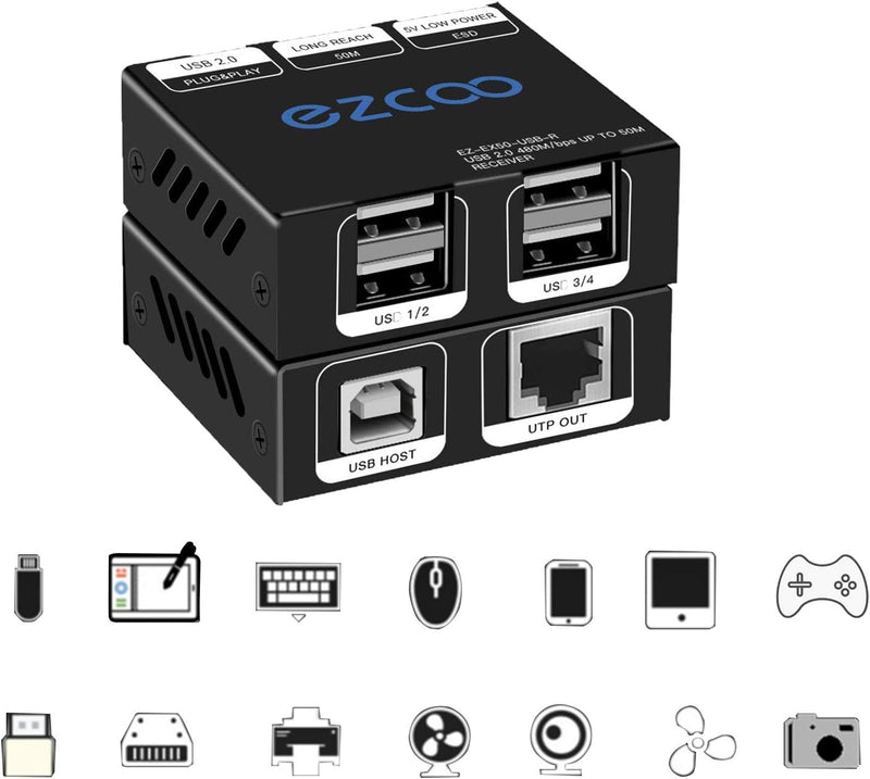 USB Extender 165ft 4-Port USB 2.0 HUB von Ethernet Cat5e Cat6 - USB RJ45 LAN-Erweiterung, Zwei Webca