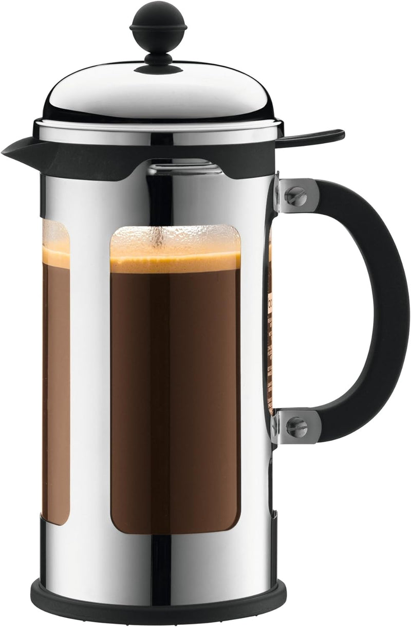 Bodum CHAMBORD Kaffeebereiter (French Press System, Auslaufschutz, Edelstahlrahmen, 1,0 liters) glän