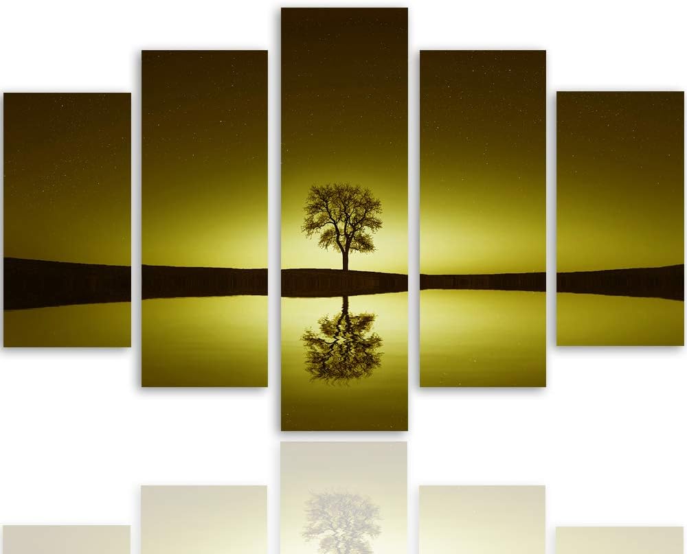 Feeby Bilder Baum 300x140 cm - Leinwandbild 5 Teilig XXL Kunstdruck Abstrakt Wasser gelb Leinwandbil