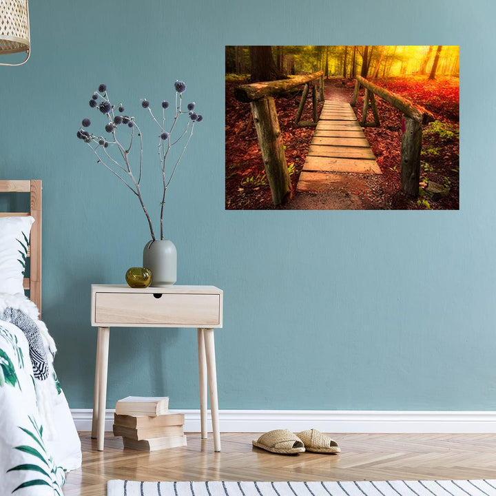 Feeby Vlies Leinwandbild Wald Sonnenuntergang Hölzerne Fussgängerbrücke 90x60 cm Druckbild Wandbild