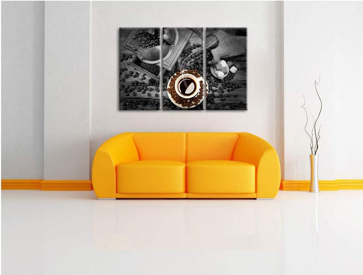 brühwarmer Kaffee mit Kaffeebohnen schwarz/weiss 3-Teiler Leinwandbild 120x80 Bild auf Leinwand, XXL