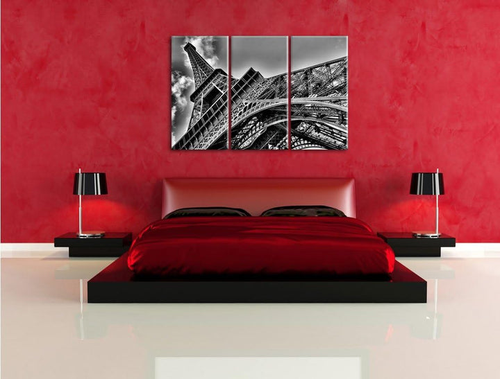 Pixxprint Monocrome, Gigantischer Eifelturm Paris 3-Teiler Leinwandbild 120x80 Bild auf Leinwand