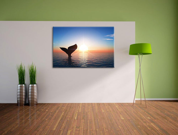 Walflosse im Sonnenuntergang Format: 100x70 auf Leinwand, XXL riesige Bilder fertig gerahmt mit Keil