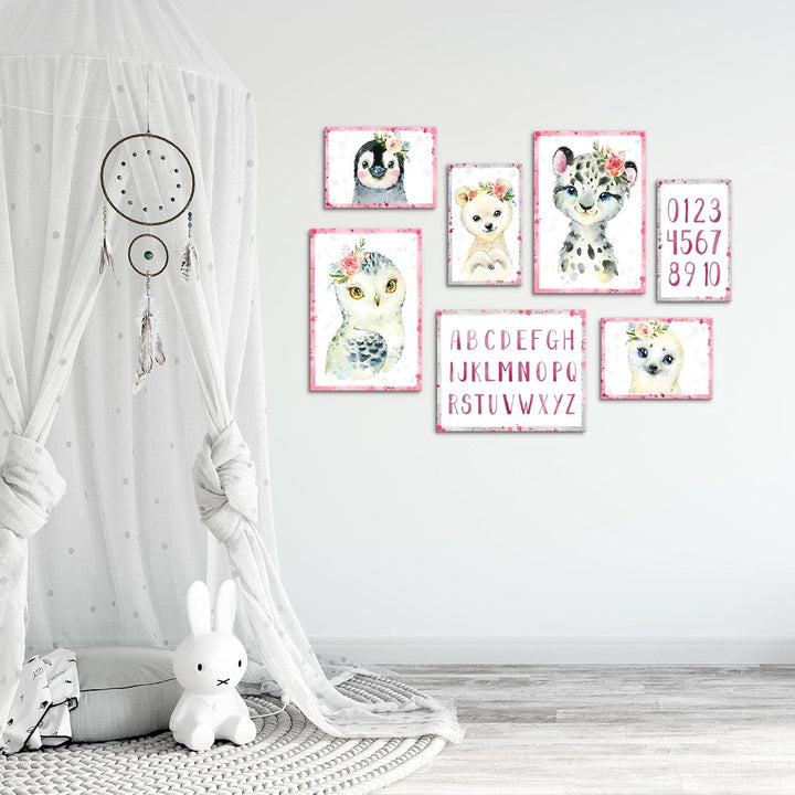Novart Wandbilder Tiere - KOMPLETT AUFHÄNGFERTIG - Rosa Kinderzimmer Mädchen- 7 Moderne Mood-Bilder