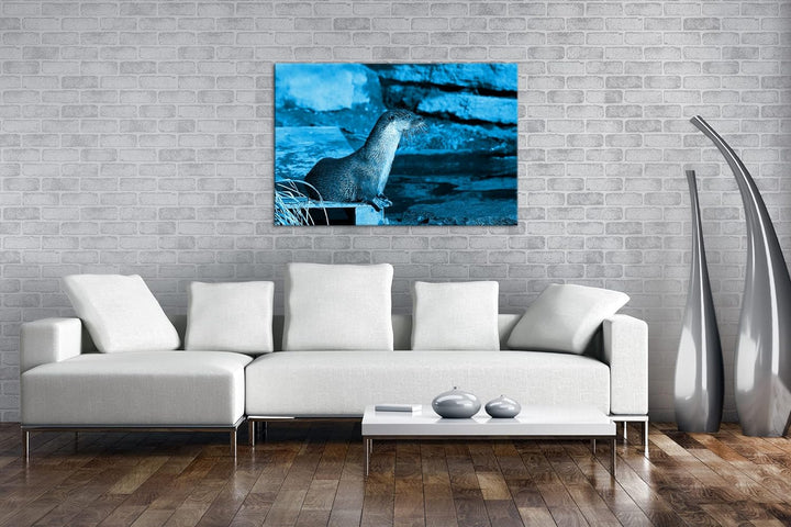 deyoli niedlicher kleiner Otter Format 80x60 Effekt: Monocrome Blau als Leinwandbild, Motiv fertig g