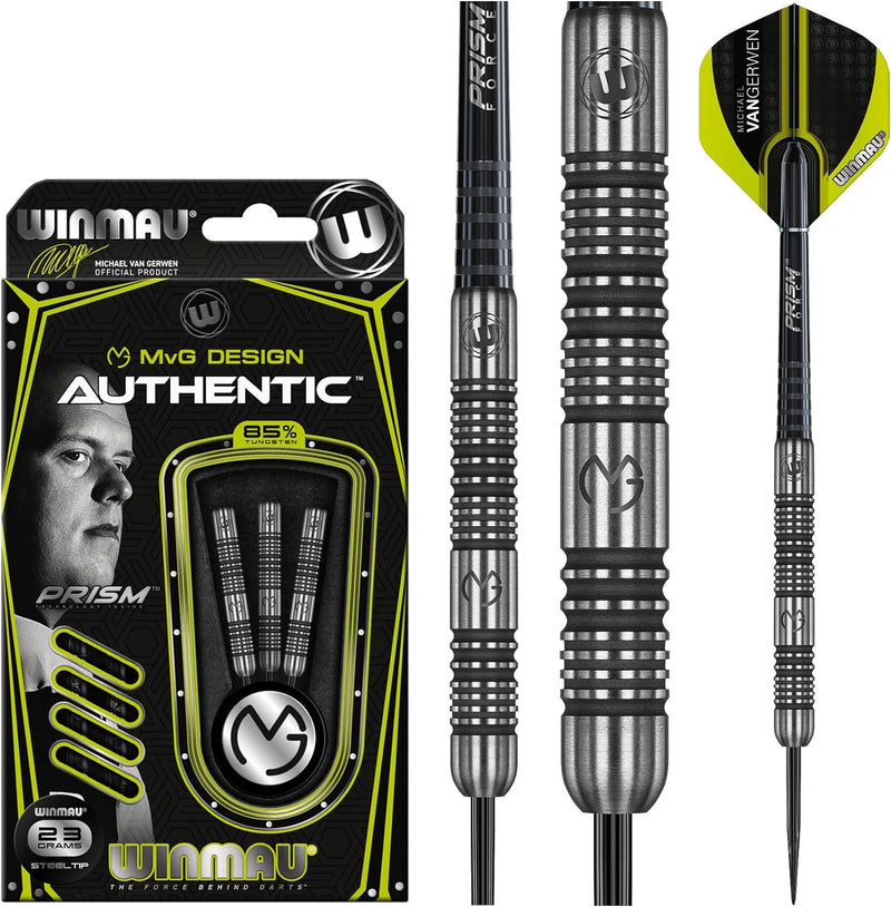 WINMAU Michael van Gerwen MvG Authentic Wolfram Steeltip Dart-Set mit Prismen-Flights und Schäften (