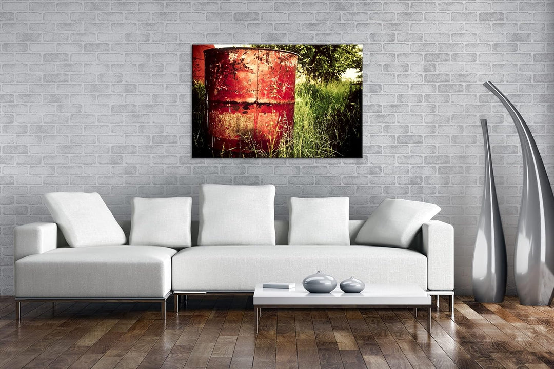 rostiger roter Container in der Natur im Format: 80x60 als Leinwandbild, Motiv fertig gerahmt auf Ec