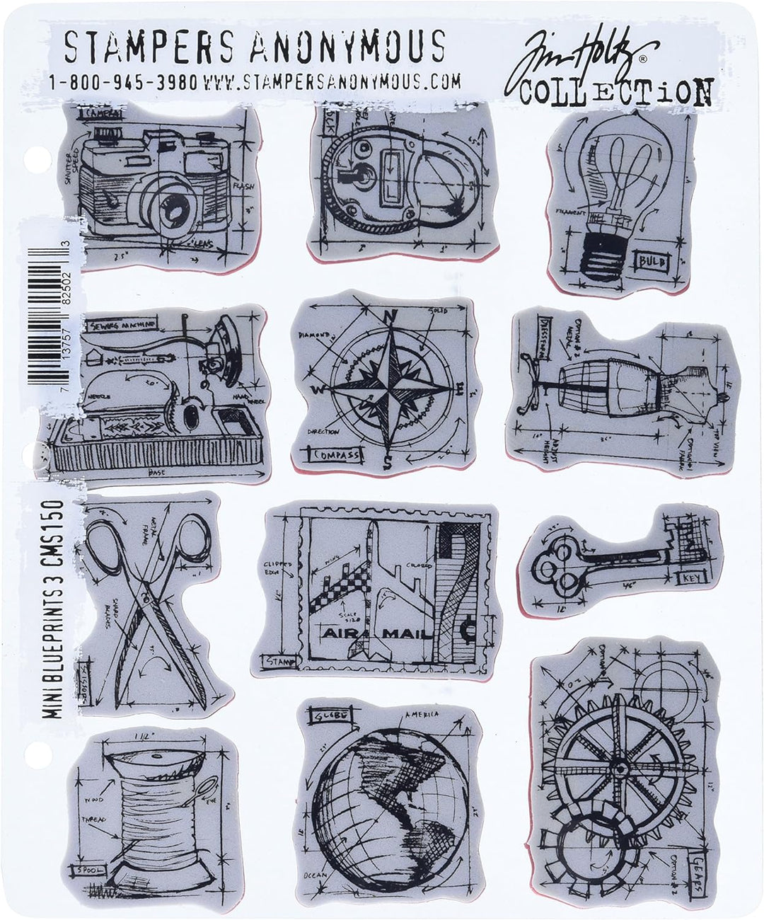 Stampers Anonymous Tim Holtz Haftende Stempelsets, künstlerische Werkzeuge, Gummistempel blau Mini B