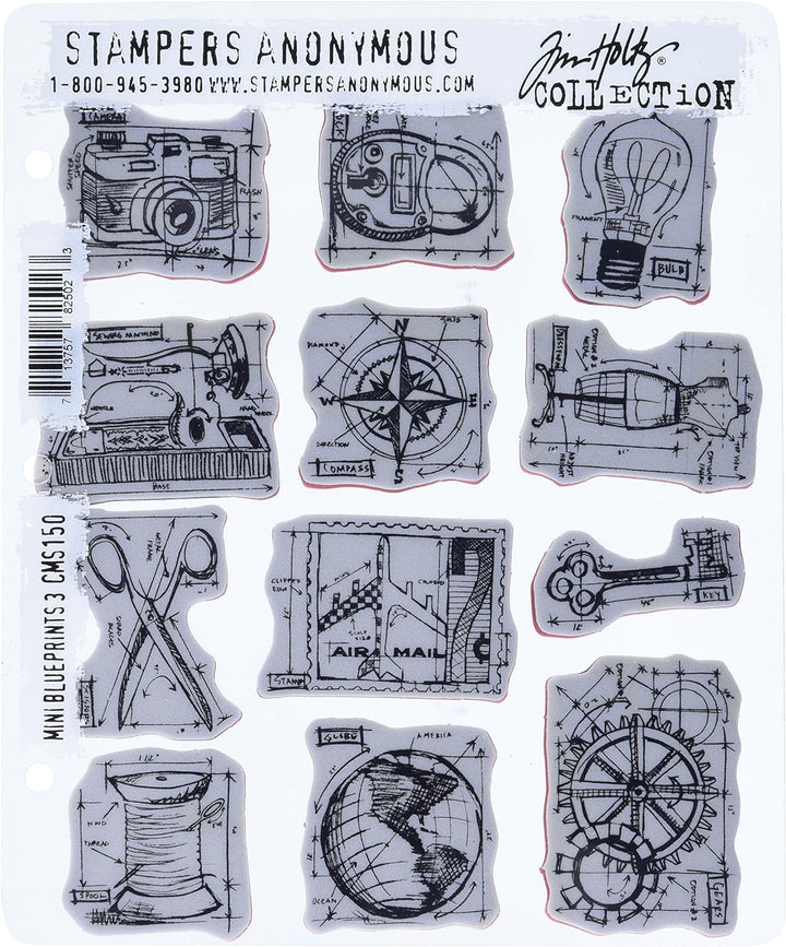 Stampers Anonymous Tim Holtz Haftende Stempelsets, künstlerische Werkzeuge, Gummistempel blau Mini B