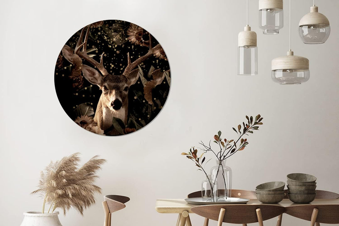 MuchoWow Wandbild Rund Wanddeko Deko Wohnzimmer Bilder 90x90 cm Hirsche - Blumen - Licht - Botanisch
