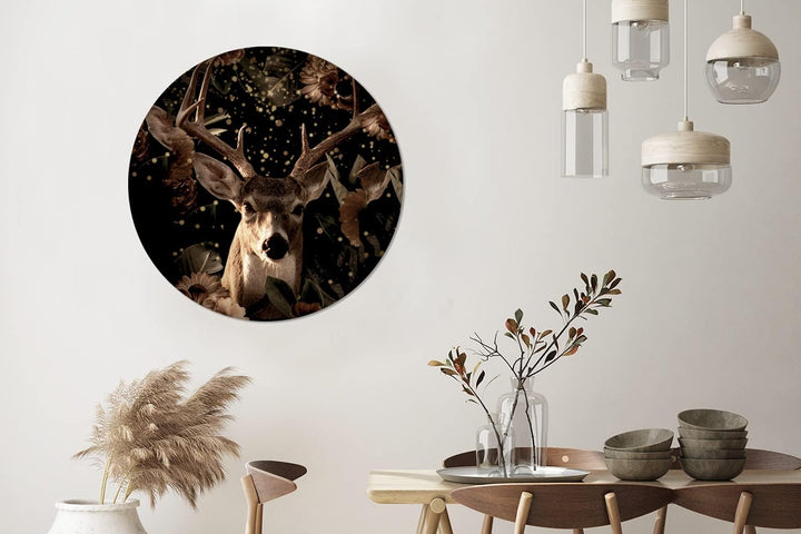 MuchoWow Wandbild Rund Wanddeko Deko Wohnzimmer Bilder 90x90 cm Hirsche - Blumen - Licht - Botanisch