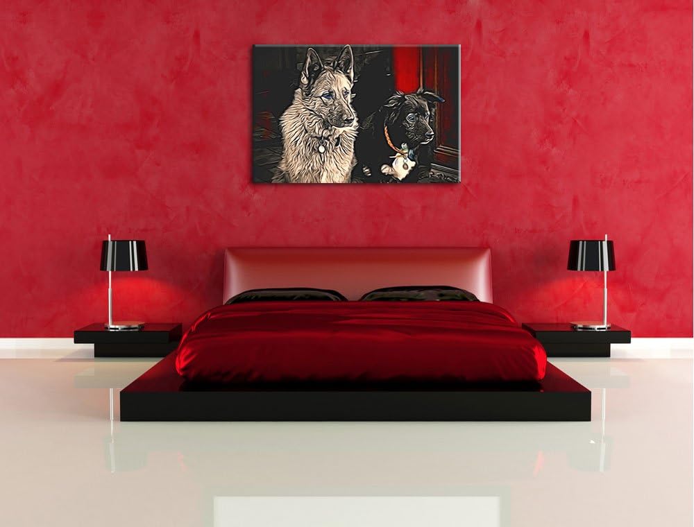 zwei Hunde auf dem Teppich Deluxe Format: 100x70 cm auf Leinwand, XXL riesige Bilder fertig gerahmt