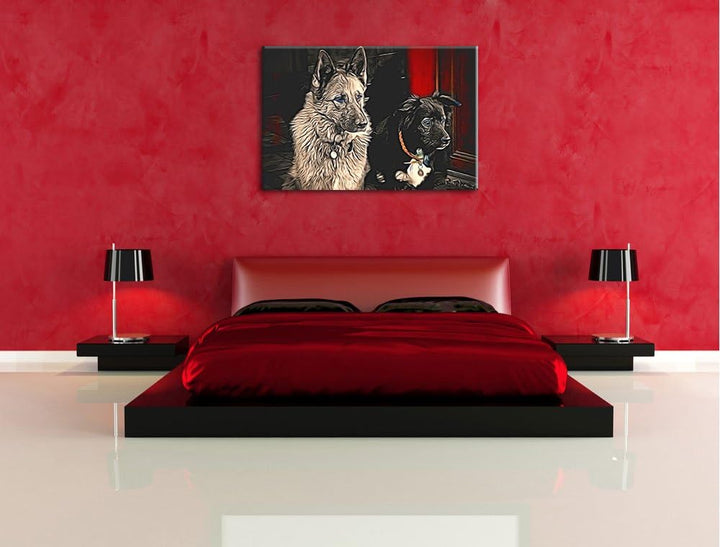 zwei Hunde auf dem Teppich Deluxe Format: 100x70 cm auf Leinwand, XXL riesige Bilder fertig gerahmt