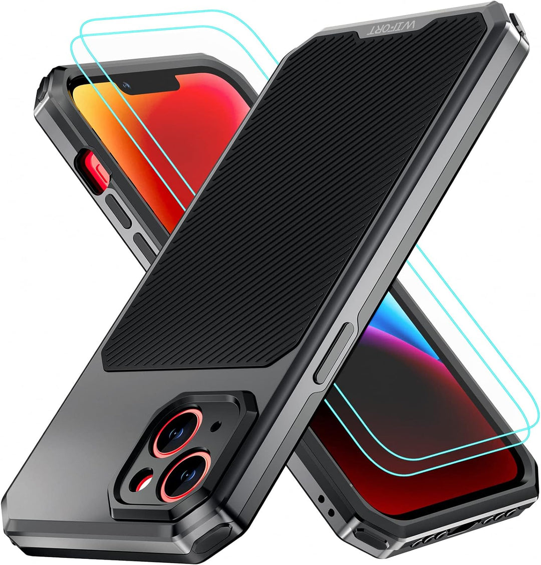 WIFORT Magnetisch Metall Hülle für iPhone 14 Pro Max mit 2 Stück Schutzglas, Militärnorm Stossfest H