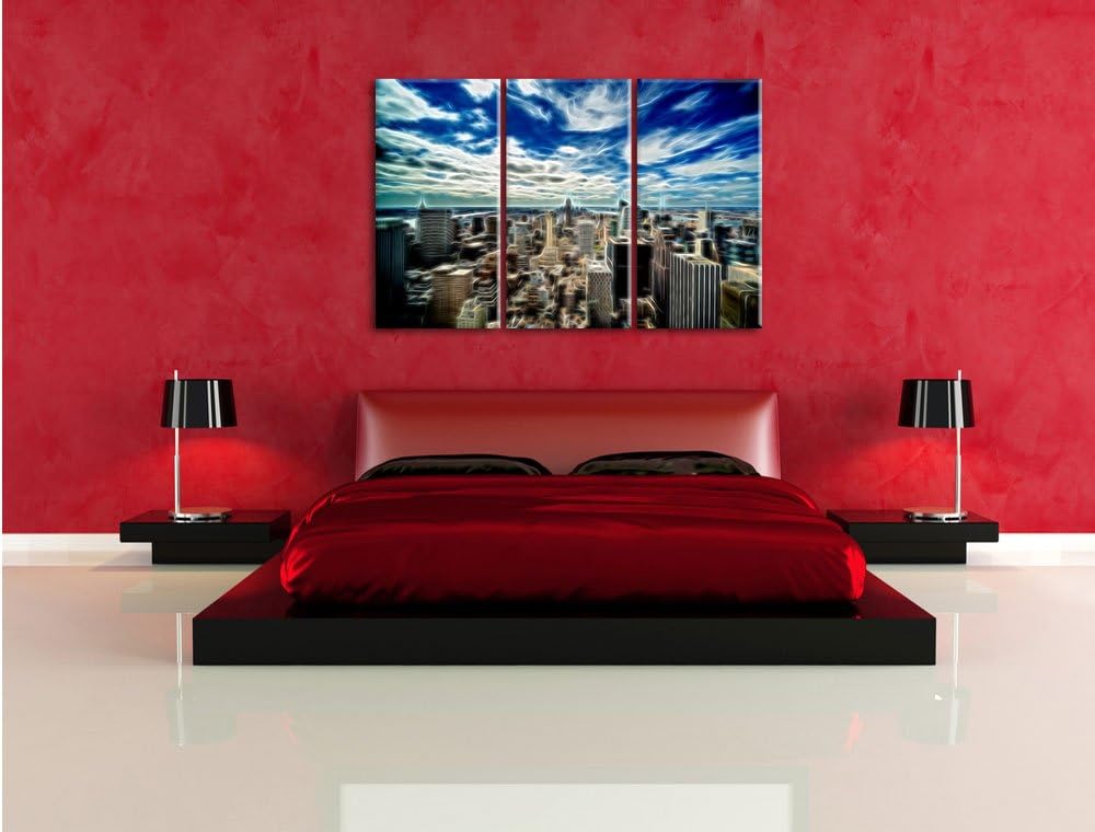 Pixxprint New York von Oben Neon Lights Effekt 3-Teiler Leinwandbild 120x80 Bild auf Leinwand