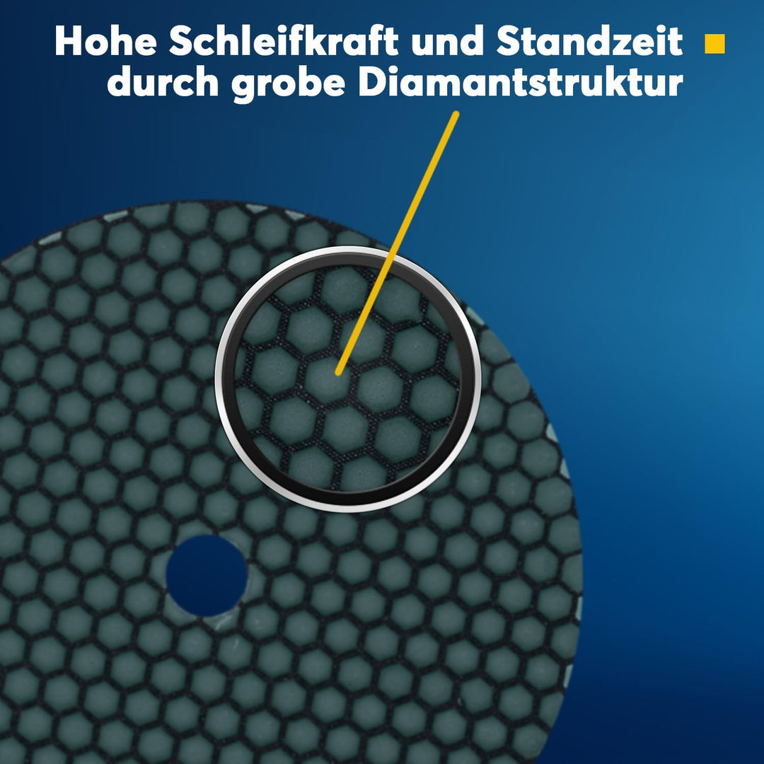 Profi Diamant-Schleifpads-Set für Trockenschliff von EDW, Ø 125 mm, Körnung 100 + 200 + Polierer, Kl