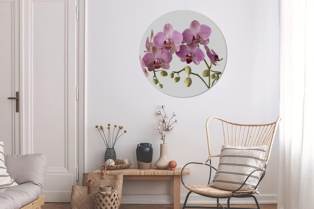 MuchoWow Wandbild Rund Wanddeko Deko Wohnzimmer Bilder 90x90 cm Orchideen auf grauem Hintergrund, 90