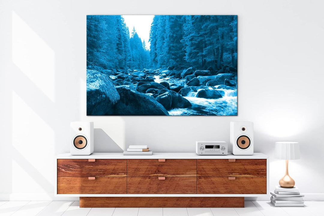 deyoli idyllischer Fluss im Wald Format 80x60 Effekt: Monocrome Blau als Leinwandbild, Motiv fertig