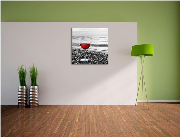 Pixxprint Weinglas am Strand als Leinwandbild/Grösse: 70x70 cm/Wandbild/Kunstdruck/fertig bespannt,