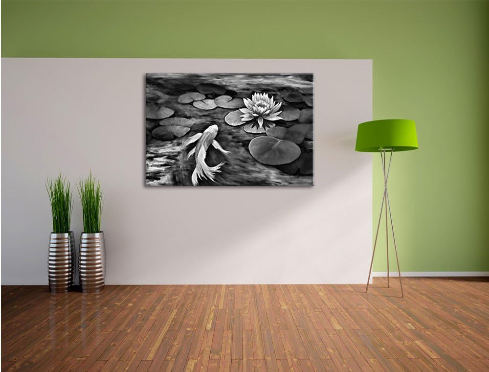 Pixxprint Koi mit Seerose Kunst / 100x70cm Leinwandbild bespannt auf Holzrahmen/Wandbild Kunstdruck