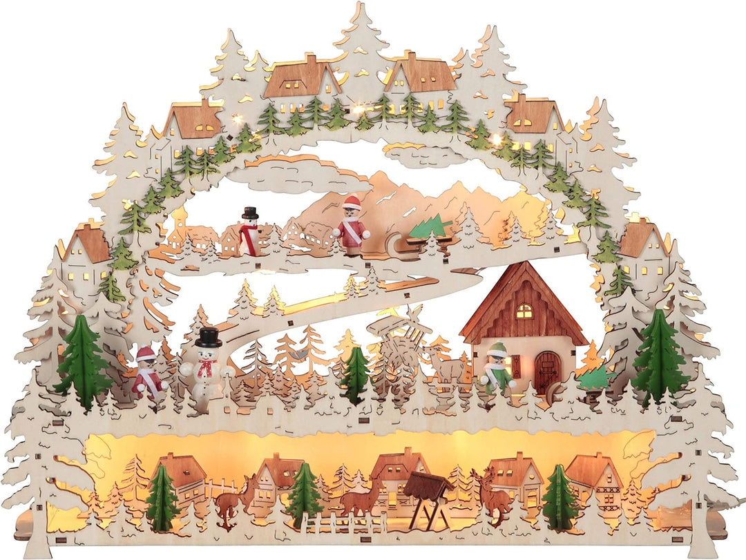 LED-Fensterleuchter "Village" 14 warmwhite LED, Material: Holz, Farbe: natur/bunt, ca. 34 cm x 45 cm