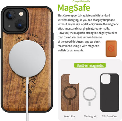 Carveit Holz Cover für iPhone 15 hülle, Kompatibel mit Magsafe Silikon Stossfeste Cover, Magnetisch