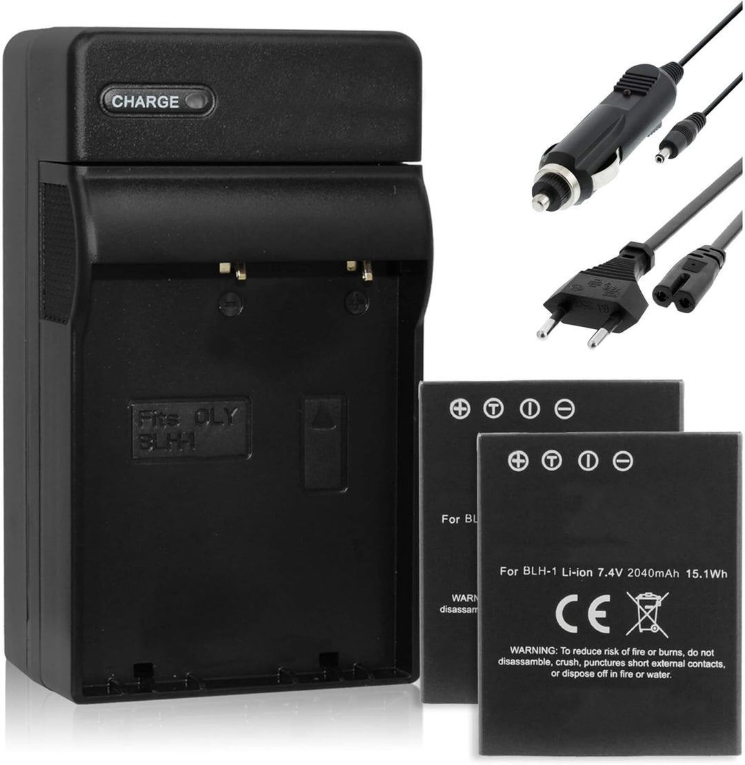 2X Akku 2040mAh + Ladegerät (KFZ, Netz) kompatibel zu Olympus BLH-1 BLH1 für Olympus OM-D E-M1 Mark