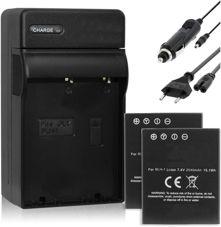 2X Akku 2040mAh + Ladegerät (KFZ, Netz) kompatibel zu Olympus BLH-1 BLH1 für Olympus OM-D E-M1 Mark