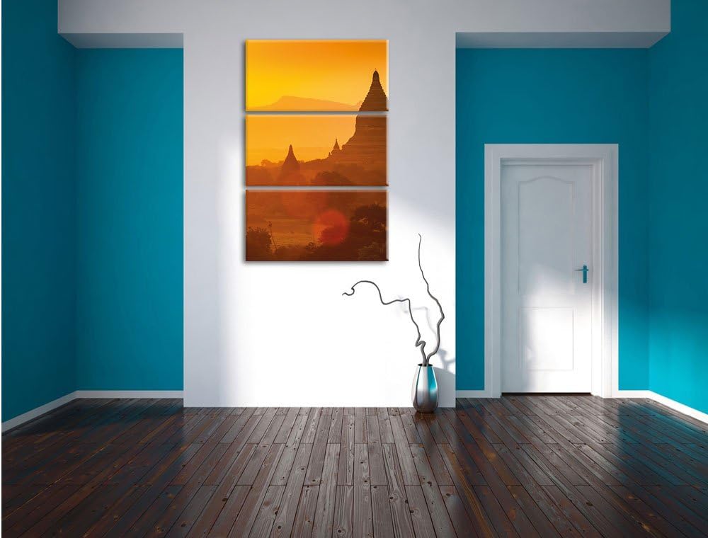 Pixxprint Buddha Tempel im Sonnenuntergang 3-Teiler Leinwandbild 120x80 Bild auf Leinwand
