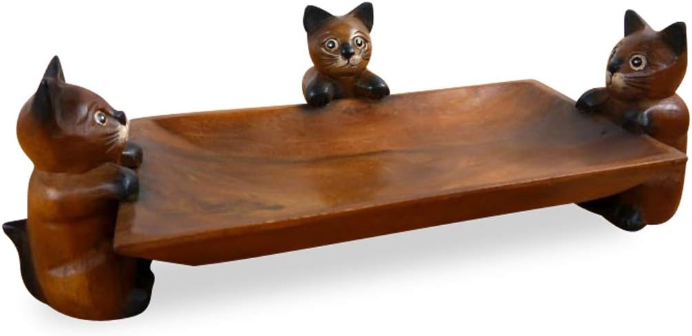 livasia Holzschale mit DREI Katzen (Handarbeit) Servierschale Obst und Gebäckschale Brot und Brötche