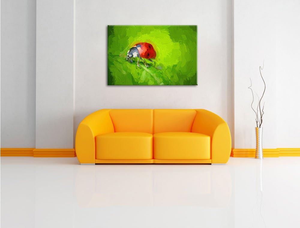 Pixxprint Kleiner Marienkäfer auf Blatt als Leinwandbild/Grösse: 100x70 / Wandbild/Kunstdruck/fertig