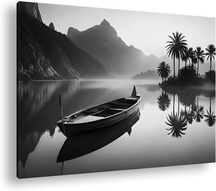 deyoli Palme mit Boot am Strand Format: 80x60 cm Effekt: Schwarz/Weiss als Leinwandbild, Motiv ferti