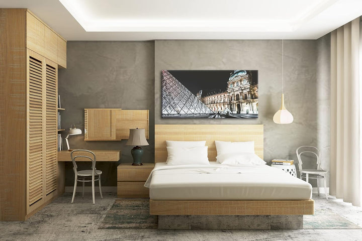 Pariser Louvre bei Nacht Panorama 80x40 cm als Leinwandbild, Motiv fertig gerahmt auf Echtholzrahmen