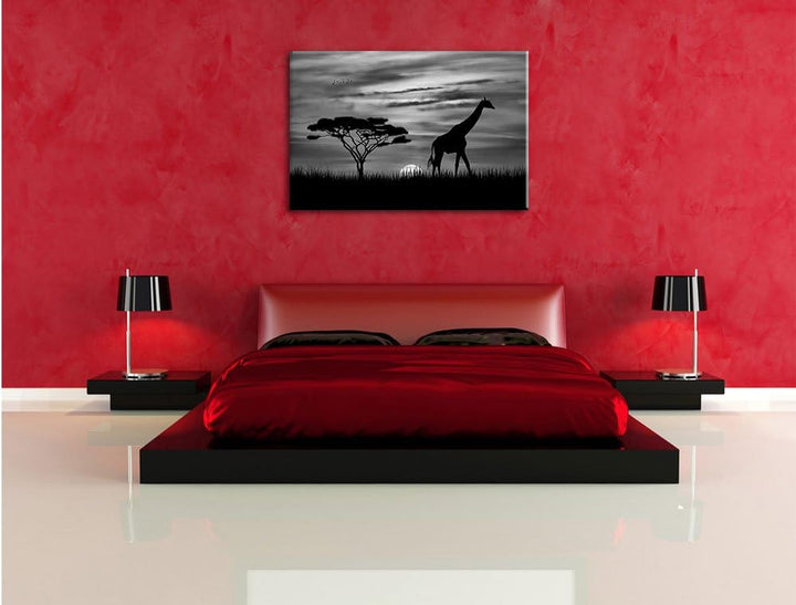 Pixxprint Giraffe im Sonnenuntergang als Leinwandbild | Grösse: 100x70 cm | Wandbild | Kunstdruck |