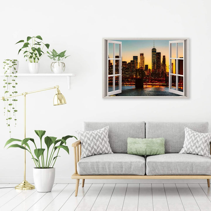 Feeby Wandbild Manhattan Druckbild Leinwandbild Fenster-Illusion Braun 90x60 cm Leinwandbild 90x60 c