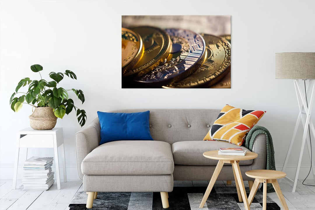 Pixxprint goldene Bitcoins BTC als Leinwandbild | Grösse: 120x80 cm | Wandbild | Kunstdruck | fertig